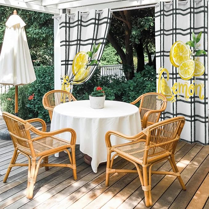 Lemon Outdoor Curtains for Patio Lemon Leaves Summer Plaid Buffalo Waterproof Outside Curtains with Grommet Top Weatherproof Curtain for Cabana Pergola Gazebo, 1 Panel, 54" W x 95" L