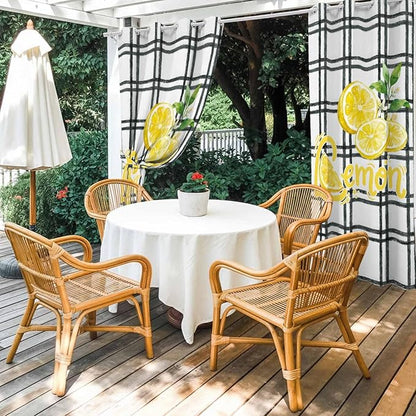 Lemon Outdoor Curtains for Patio Lemon Leaves Summer Plaid Buffalo Waterproof Outside Curtains with Grommet Top Weatherproof Curtain for Cabana Pergola Gazebo, 1 Panel, 54" W x 95" L
