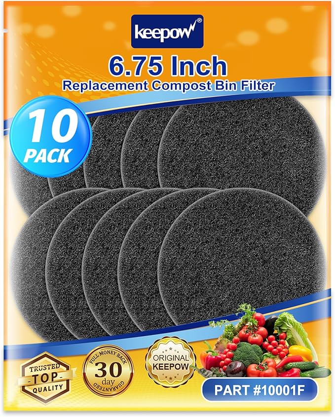 KEEPOW 10 Pack 6.75" Compost Bin Filter Replacement for Kitchen Compost Bin Countertop, Charcoal Filters for Compost Bucket, Activated Carbon Filter for Compost Pail Counter Refill Sets (Round)