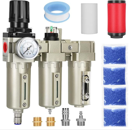 1/2" NPT Industrial Air Dryer for Compressor,3 Stage Air Compressor Water Separator System,Filter Oil Water Separator Dryer for Plasma Cutter and Paint Spray,Auto Drain
