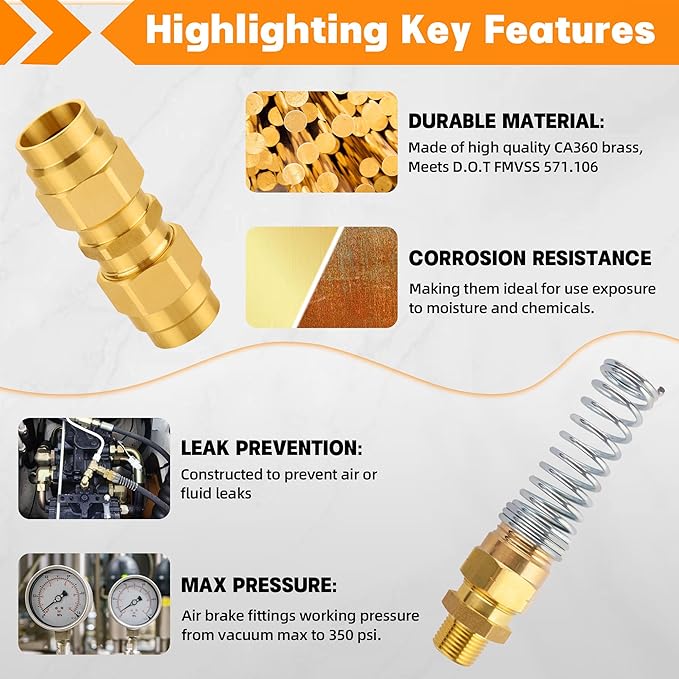 32PCS Brass DOT Air Brake Hose End Fitting Kit - J1402 Sleeve Tube Assortment for Replacement, Assembly (Connector, Union and Sleeve)