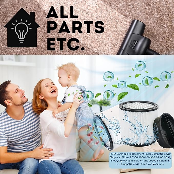 HEPA Cartridge Replacement Filter Compatible with Shop-Vac Filters 90304 9030400 903-04-00 9034, 5 Wet/Dry Vacuum Cleaners 5 Gallon and above.