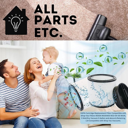 HEPA Cartridge Replacement Filter Compatible with Shop-Vac Filters 90304 9030400 903-04-00 9034, 5 Wet/Dry Vacuum Cleaners 5 Gallon and above.