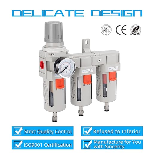 NANPU Three Stage Air Drying System - 5 Micron Particulate Filter, 0.5＆0.01 Micron Coalescing Filters, Air Pressure Regulator Combo - 0-150 psi Gauge, Semi-Auto Drain, Metal Bracket (1/2" NPT)