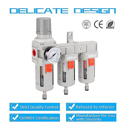 NANPU Three Stage Air Drying System - 5 Micron Particulate Filter, 0.5＆0.01 Micron Coalescing Filters, Air Pressure Regulator Combo - 0-150 psi Gauge, Semi-Auto Drain, Metal Bracket（3/8" NPT）