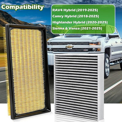 Engine & Cabin Air Filter Kit for Toyota RAV4 Hybrid (2019-2025), Camry Hybrid (2018-2025), Highlander Hybrid (2020-2025), Sienna & Venza (2021-2025)–Replaces 17801-77050 & 87139-0E040