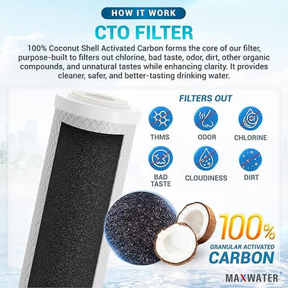 Max Water 2 Stage (Sediment, Odor & Improving Taste) Whole House 10 inch, Standard Water Filtration System - Clear Housing - Sediment + Carbon Block Filter - ¾ Inlet/Outlet