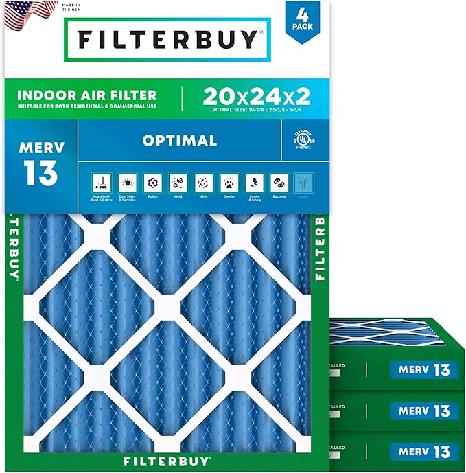 Filterbuy 20x24x2 Air Filter MERV 13 Optimal Smoke & Allergy Defense (4-Pack), Electrostatic Pleated HVAC AC Furnace Filters Replacement, Made in USA (Actual Size: 19.38 x 23.38 x 1.75)