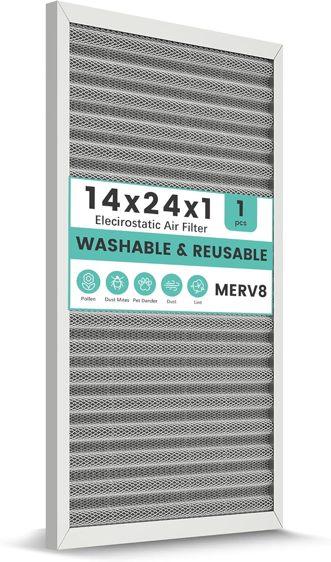 14x24x1 HVAC Furnace Air Filter, Washable Electrostatic Furnace Filter, MERV 8, Lasts a Lifetime, Breathe Fresher, Home And Office (Actual Size:13.38x23.38x0.82)