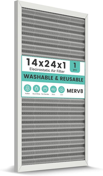 14x24x1 HVAC Furnace Air Filter, Washable Electrostatic Furnace Filter, MERV 8, Lasts a Lifetime, Breathe Fresher, Home And Office (Actual Size:13.38x23.38x0.82)