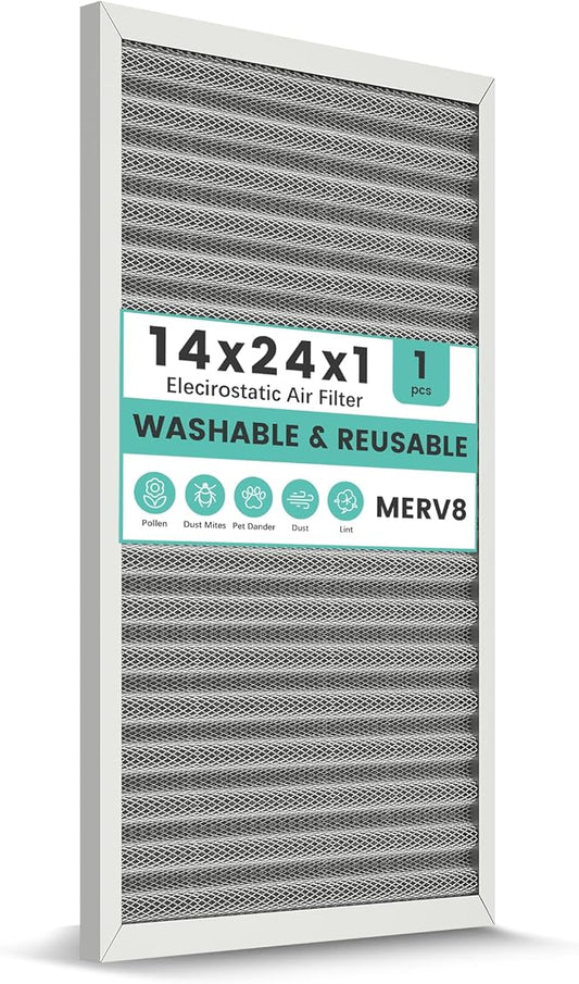 14x24x1 HVAC Furnace Air Filter, Washable Electrostatic Furnace Filter, MERV 8, Lasts a Lifetime, Breathe Fresher, Home And Office (Actual Size:13.38x23.38x0.82)