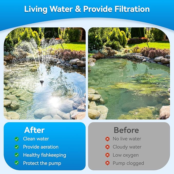 POPOSOAP 70W Solar Pond Filter with Fountain Pump, Solar Powered Water Pump with 580GPH Pond Filter for Outdoor Ponds, Adjustable Diverter Valve for Koi Ponds, Waterfalls, Garden Water Features