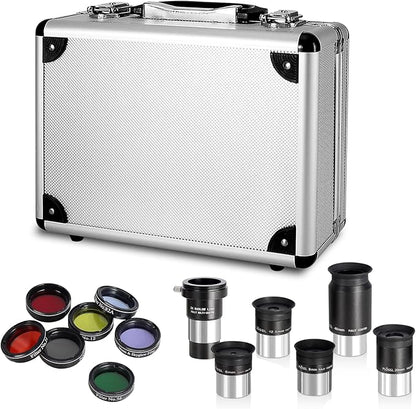 Telescope Accessory Kit - 1.25" Telescope Eyepiece and Filter Set with a Sturdy Carry Case - Five Plossl Eyepieces, 2X Barlow Lens and Seven Filters
