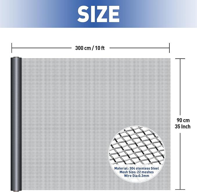 MAGZO 304 Stainless Steel Mesh Screen Roll 35in x 10ft - 22 Mesh Pet Proof Metal Window Screen Replacement, Screen Door Mesh for Patio,Porch,Pet,Cage,Vent Cover,Filter,Gutter Guard,Rodent Protection