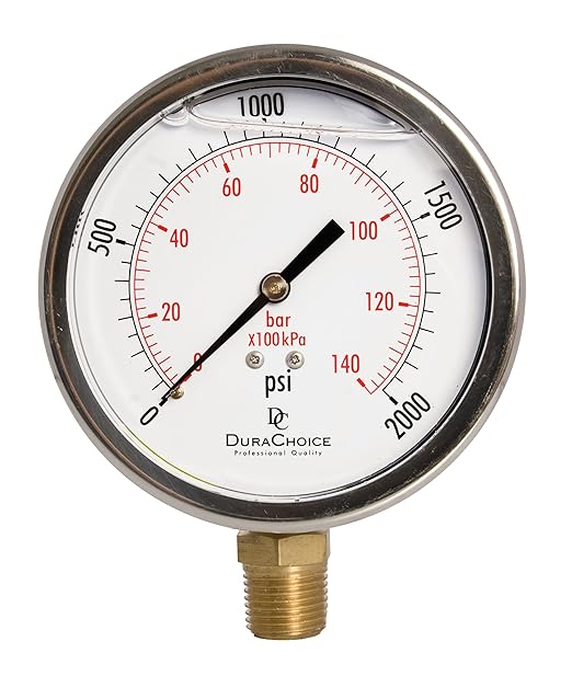 4" Oil Filled Pressure Gauge - Stainless Steel Case, Brass, 1/2" NPT, Lower Mount Connection, 0-2,000PSI