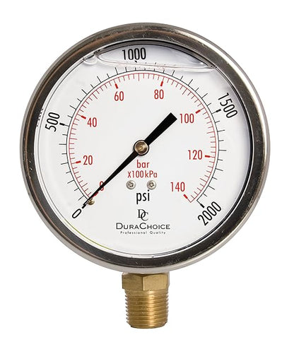 4" Oil Filled Pressure Gauge - Stainless Steel Case, Brass, 1/2" NPT, Lower Mount Connection, 0-2,000PSI