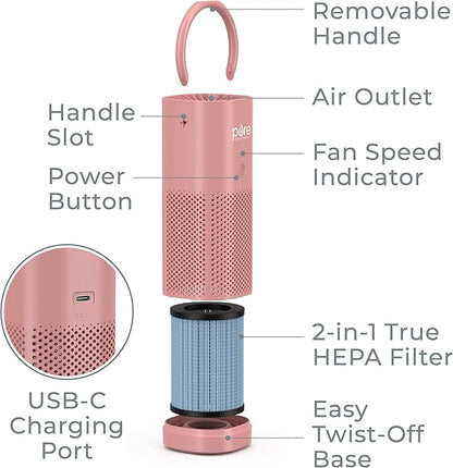 Pure Enrichment PureZone Mini Portable Air Purifier - Cordless True HEPA Filter Cleans Air & Eliminates 99.97% of Dust, Odors, & Allergens Close to You - Cars, School, & Office (Blush)