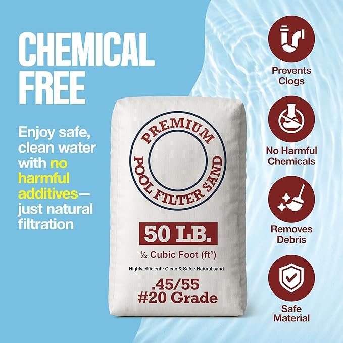 Play22 20 Grade Pool Filter Sand - Pool Sand, 50 Pound Bag Silica Sand for Pool Filter, Non Staining, Non Corroding, for Above Ground and Inground Swimming Pool Care