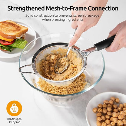 U-Taste Medium Fine Mesh Strainer: 18/8 Stainless Steel 4.73in 30 Mesh Kitchen Food Sieve with Sturdy Riveted Silicone Handle, Heavy Duty Deep Handheld Metal Colander for Rice, Quinoa, Flour (Black)