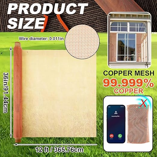 Zonon 99.9% Pure Copper Mesh Screen 36 Inch x 12 ft 16x16 Mesh Copper Roll Wire Fabric 0.27mm Wire Diameter Conductive Metal Dense Filter Screen Woven for Lab Faraday Cage Rodent Control Window Craft