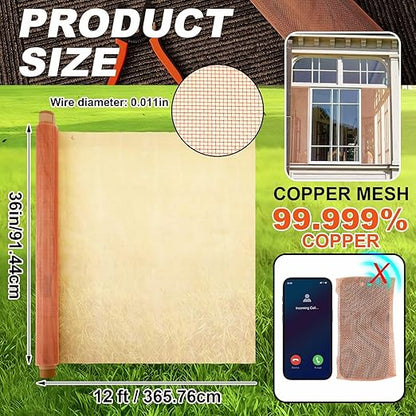 Zonon 99.9% Pure Copper Mesh Screen 36 Inch x 12 ft 16x16 Mesh Copper Roll Wire Fabric 0.27mm Wire Diameter Conductive Metal Dense Filter Screen Woven for Lab Faraday Cage Rodent Control Window Craft