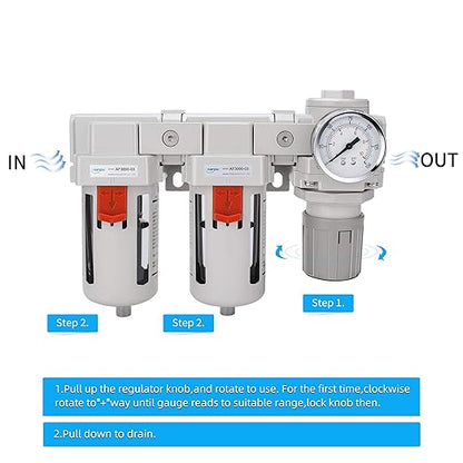 NANPU 3/8" NPT Air Drying System - 5 Micron Particulate Filter, 0.01 Micron Coalescing Filter, Air Pressure Regulator Combo - Semi-Auto Drain, Poly Bowl w/Metal Gauge