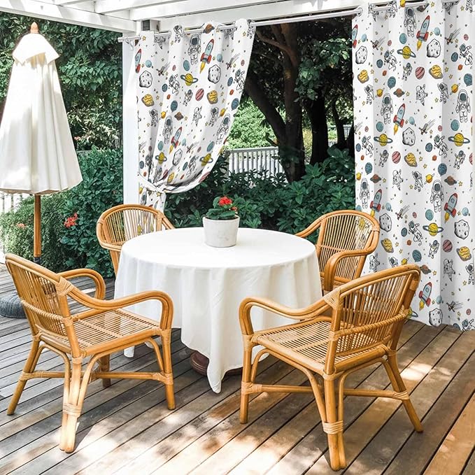 Cartoon Space Outdoor Curtains for Patio Astronauts Spacecraft Rockets Waterproof Outside Curtains with Grommet Top Weatherproof Curtain for Cabana Pergola Gazebo, 1 Panel, 54" W x 95" L