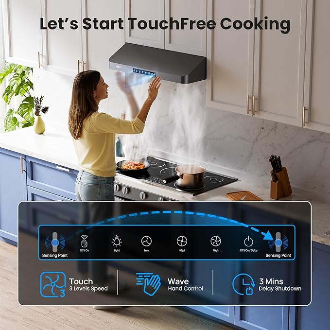 36 inch Black Undercabinet Range Hood, 980CFM Kitchen Range Hood with 3-Speeds Gesture Sensing & Touch, Stainless Steel Kitchen Vent Hood with Permanent Baffle Filters, Top and Rear Vents