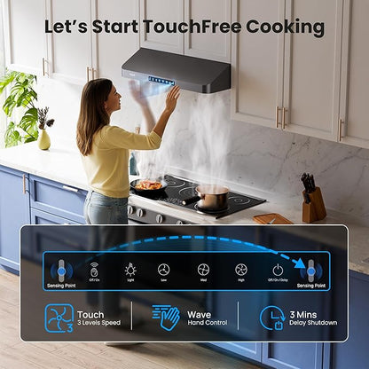 36 inch Black Undercabinet Range Hood, 980CFM Kitchen Range Hood with 3-Speeds Gesture Sensing & Touch, Stainless Steel Kitchen Vent Hood with Permanent Baffle Filters, Top and Rear Vents