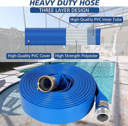 1.5" x 50 ft Backwash Hose for Swimming Pools, Heavy Duty PVC Lay Flat Water Discharge Hose,Durable Pool Drain Hose with Aluminum Pin Lug Fittings for Pump And Filters