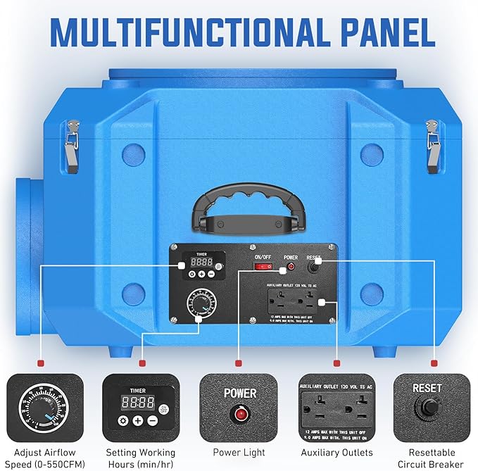 Commercial Air Scrubber with 3-Stage Filtration, Stackable Negative Air Machine with HEPA & MERV-10 & Carbon Filters - Heavy Duty Air Purifier for Industrial and Home