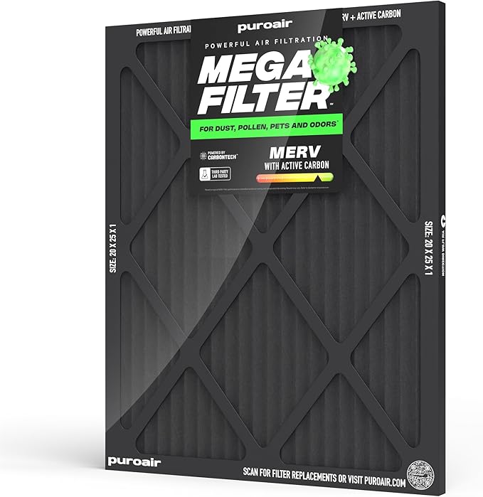 PuroAir MegaFilter - 20x25x1 Air Filter MERV 13 Activated CarbonTech Defense - Heavy Duty 3 Layer Furnace Filters Allergens, Pollen, Dust, Pet Dander, Smoke, Odors - HVAC Air Filter 20x25x1 (1-Pack)