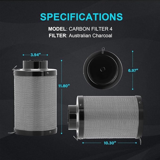 iPower Air Carbon Filter 4" Smelliness Control with Australia Virgin Charcoal, Reversible Flange and Pre-Filter, Scrubber Fit with Inline Duct Fans for Grow Tents and Hydroponics Systems