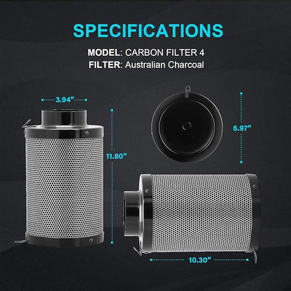 iPower Air Carbon Filter 4" Smelliness Control with Australia Virgin Charcoal, Reversible Flange and Pre-Filter, Scrubber Fit with Inline Duct Fans for Grow Tents and Hydroponics Systems
