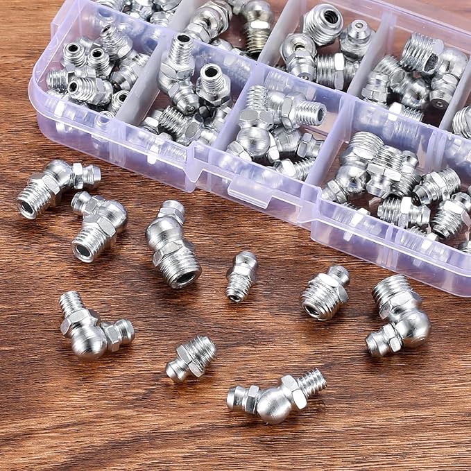 60 Pcs Metric Grease Fittings Kit,Hydraulic Grease Zerk Assortment Kit, 45 90 Degree Grease Gun Fittings,M6 M8 M10 Straight and Angled Grease Zerk Kit for Grease Guns Mechanical Lubrication