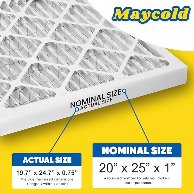 Maycold 20x25x1 MERV 8 Furnace Air Filters (6-Pack), Pleated HVAC AC Filter for Home or Office – Traps Dust, Lint & Pet Hair, Actual Size 19.70 x 24.70 x 0.75，Individually Wrapped in Plastic