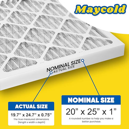 Maycold 20x25x1 MERV 8 Furnace Air Filters (6-Pack), Pleated HVAC AC Filter for Home or Office – Traps Dust, Lint & Pet Hair, Actual Size 19.70 x 24.70 x 0.75，Individually Wrapped in Plastic