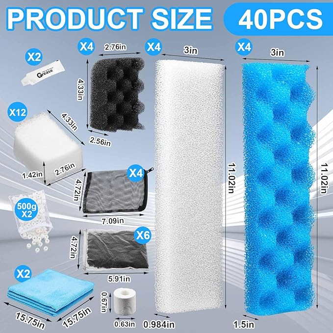 38 Pcs Compatible with Fluval 406/407 Filter Media Canister Filter Maintenance & Replacement Kit, Including Bio Sponge, Activated Carbon, Ceramic Rings, Mesh Bags, Rags, Silicone Lubricant