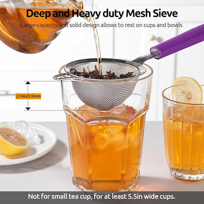 U-Taste Small Fine Mesh Strainer: 18/8 Stainless Steel 3.35in 30 Mesh Kitchen Food Sieve with Sturdy Riveted Silicone Handle, Heavy Duty Deep Handheld Metal Colander for Tea, Juice (Purple)