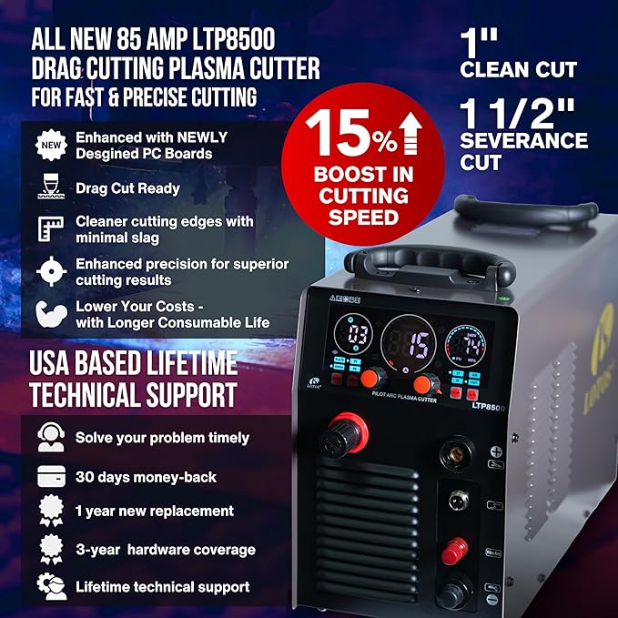 LTP8500 | 85A HF Pilot Arc Plasma Cutter, Drag-Cut Enabled, 1" Clean (1.5" Sever), 220V Single-Phase, LED Controls & Front Regulator, Portable Air Plasma Cutter for Fab, Auto, HVAC