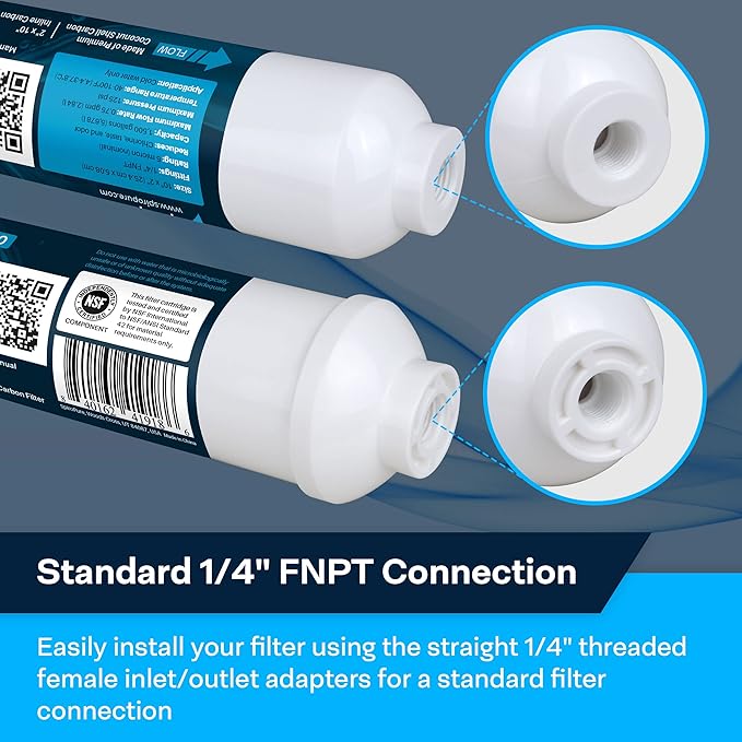 SpiroPure Inline Filter NSF Coconut Shell Granular Carbon Water Filter with 1/4" FNPT, 2" x 10" (Case of 25)