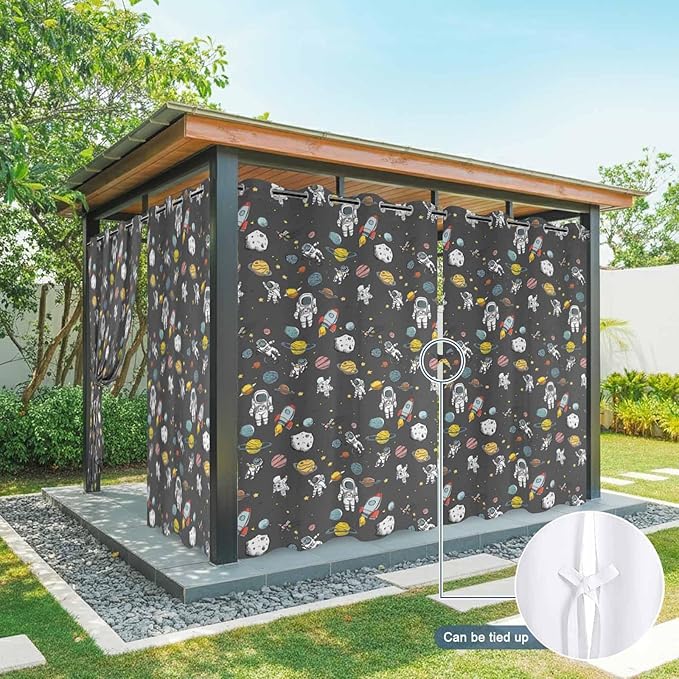 Cartoon Space Outdoor Curtains for Patio Rockets Planets Astronauts Gray Waterproof Outside Curtains with Grommet Top Weatherproof Curtain for Cabana Pergola Gazebo, 1 Panel, 54" W x 84" L