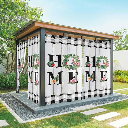 Summer Outdoor Curtains for Patio Leaves Garland Plumeria Wood Buffalo Plaid Waterproof Outside Curtains with Grommet Top Weatherproof Curtain for Cabana Pergola Gazebo, 1 Panel, 54" W x 84" L