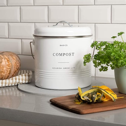 D'Lifeful Kitchen Compost Bin – 1.3 Gallon Countertop Farmhouse Compost Container with Lid – Odorless Indoor Food Scrap Pail with 6 Charcoal Filters – Eco-Conscious and Easy to Clean - White