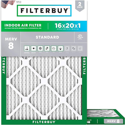 Filterbuy 16x20x1 Air Filter MERV 8 Essential Dust & Allergy Defense (2-Pack), Electrostatic Pleated HVAC AC Furnace Filters Replacement, Made in USA (Actual Size: 15.50 x 19.50 x 0.75)