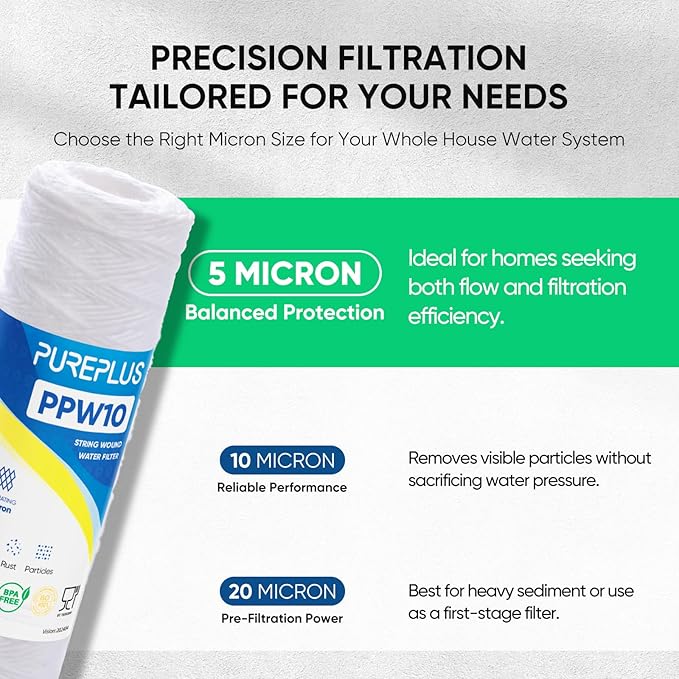 PUREPLUS 5 Micron 10"x2.5" Whole House String Wound Sediment Filter for Well Water, Replacement Cartridge for Universal 10 inch RO System, WP-5, Aqua-Pure AP110, CFS110, Culligan P5, WFPFC4002, 6Pack