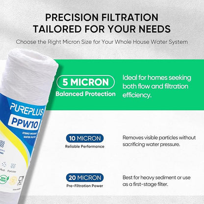 PUREPLUS 5 Micron 10"x2.5" Whole House String Wound Sediment Filter for Well Water, Replacement Cartridge for Universal 10 inch RO System, WP-5, Aqua-Pure AP110, CFS110, Culligan P5, WFPFC4002, 6Pack