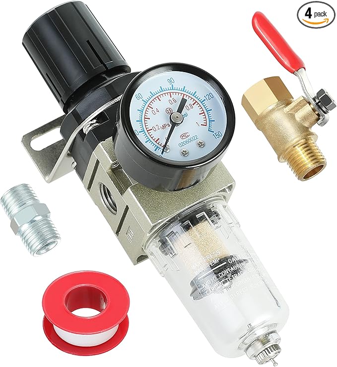 Hromee 1/4 Inch Air Compressor Filter Regulator Combo, Water Oil Separator with Pressure Gauge, Manual Drain, Ball Valve and Bracket AW2000-02