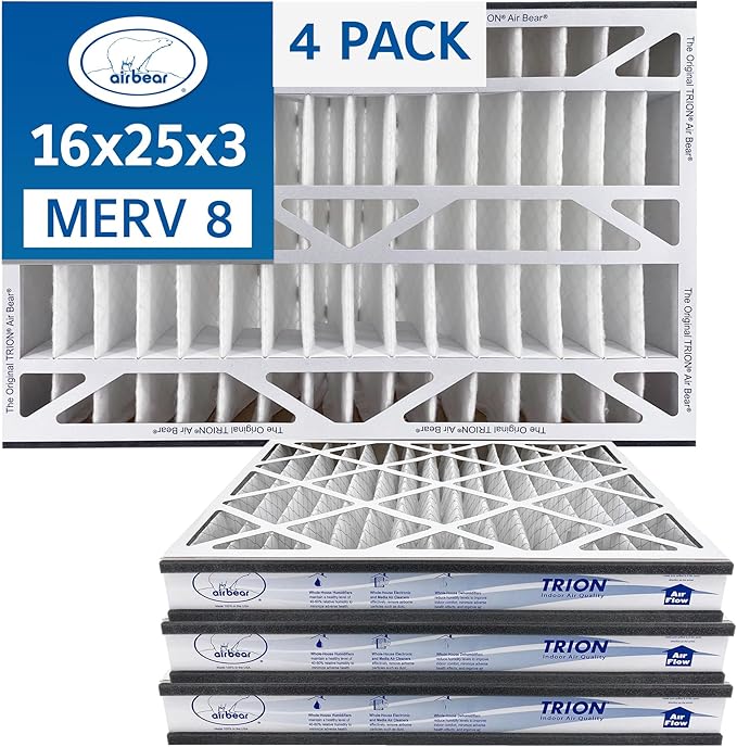 16x25x3 TRION Air Bear Cub Pleated HVAC Air Filter MERV 8 (4-Pack) (Actual Size: 15.75 x 24.75 x 3.06 Inches)