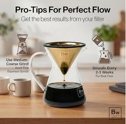 Barista Warrior Compatible with Hario V60 Pour Over Coffee Filters - Reusable Stainless Steel - Best Coffee Maker and Bar Accessories (Gold Titanium Coated)